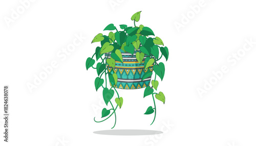 Hanging pothos houseplant in patterned pot with trailing vines.