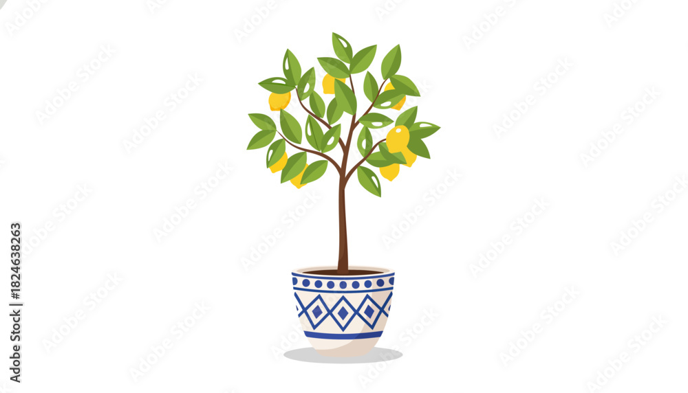 Obraz premium Potted lemon tree with ripe citrus fruit.