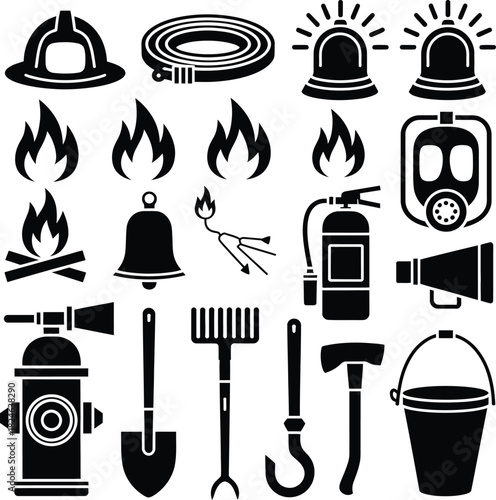 Firefighting equipment icons isolated on white background, including helmet, hose, alarm, flame, mask, extinguisher, megaphone, hydrant, shovel, rake, hook, axe, bucket