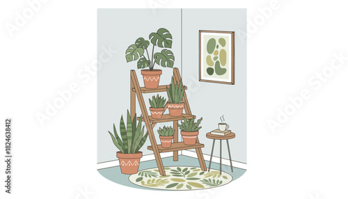 Tiered wooden ladder shelf with potted houseplants and lush foliage.