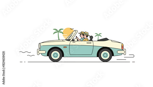Cute illustrated vintage convertible car with drivers.
