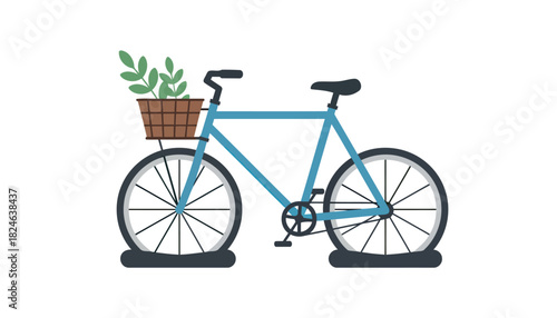 Blue bicycle with basket and leafy plant.