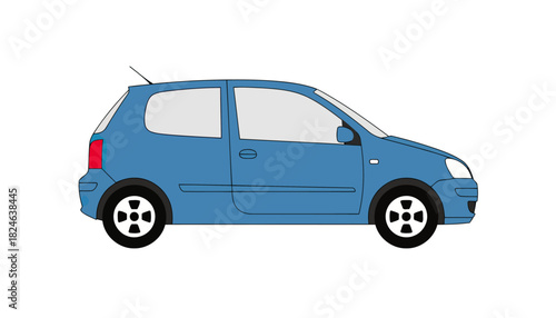 Blue compact hatchback car side view illustration.