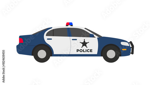 Side view police patrol car with rooftop lightbar.