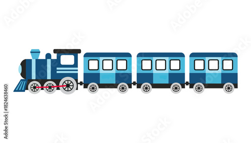 Blue cartoon steam train with multiple carriages illustration.
