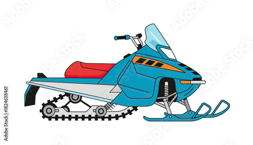 Blue snowmobile side view with red seat.