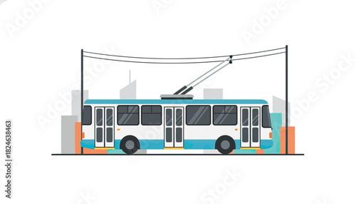 Electric trolleybus side view with overhead power poles.
