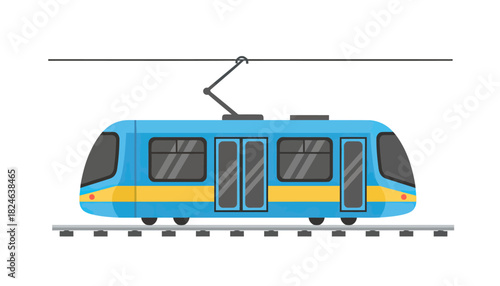 Modern blue electric tram with pantograph on rails.