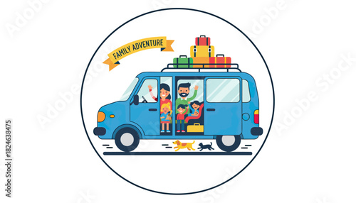Blue family travel van with roof luggage illustration.