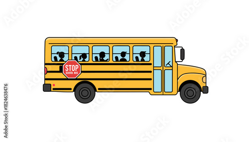 Classic yellow school bus side profile with students.