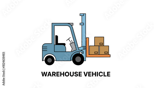 Blue forklift lifting stacked boxes side view.