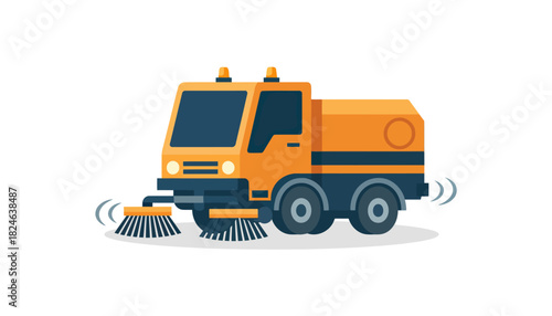Orange street sweeper truck with rotary brushes.