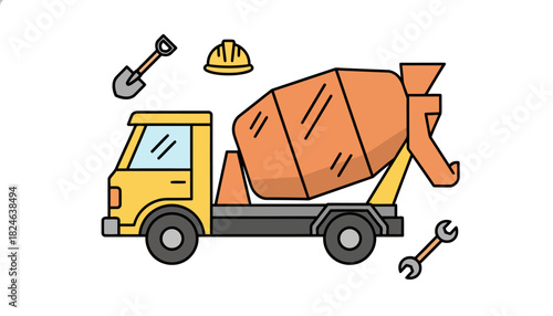 Yellow concrete mixer truck illustration isolated.