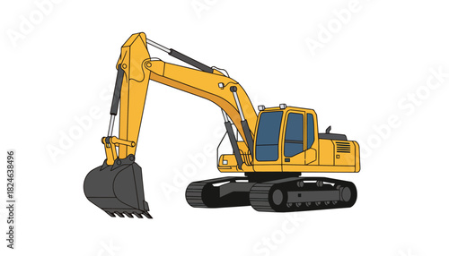 Yellow tracked hydraulic excavator side view illustration.