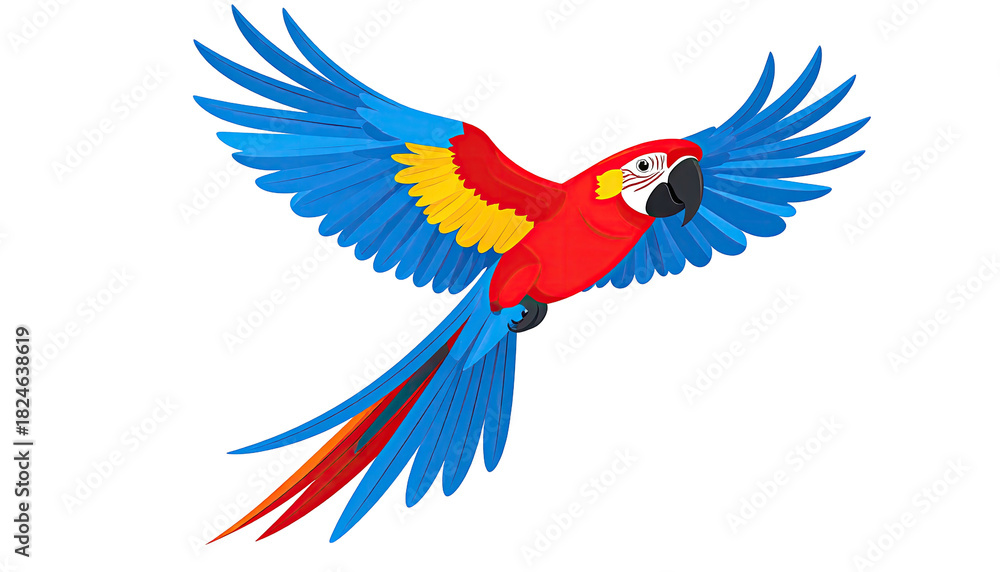 Fototapeta premium A vibrant macaw parrot in mid flight with wings spread wide.