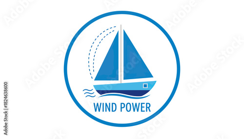 Sailboat emblem with wind power logo design.