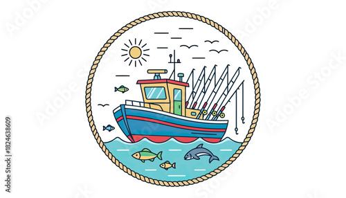 Colorful Fishing Boat Illustration Emblem Circular Seal.