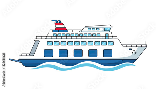 Modern passenger ferry boat cruising on blue sea.