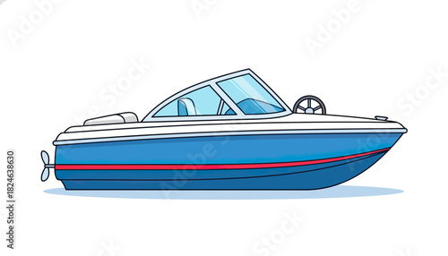 Speedboat on calm water under bright daylight.