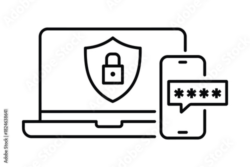 2FA two step authentication icon with smartphone and laptop, featuring push code message, secure login, password verification, and two factor authorization vector illustrations for cybersecurity