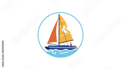 Sailboat on calm sea with orange sail.