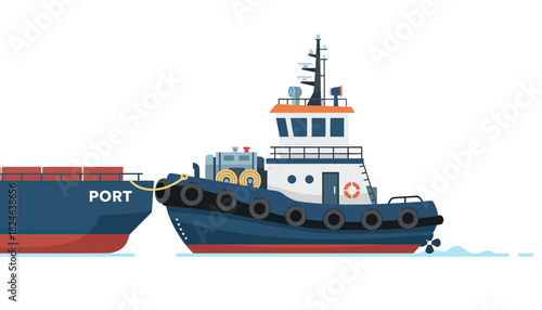 Tugboat Guiding Container Ship Through Water.