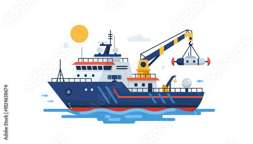 Industrial fishing vessel with crane at sea.