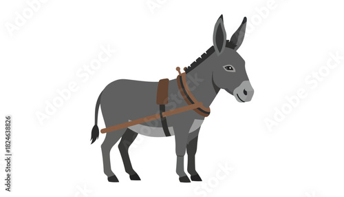 Donkey in Harness Stands Proudly Side View.