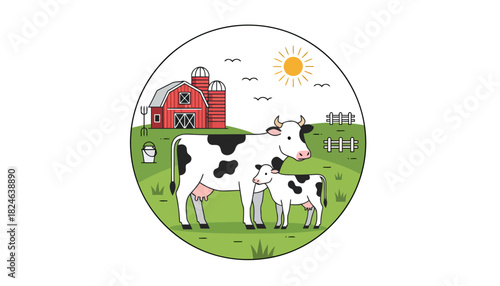 Cow and Calf in Bright Green Pasture Scene.