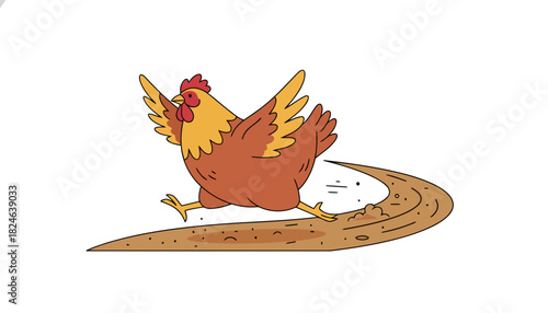 Energetic Brown Chicken Running On Dirt Path.