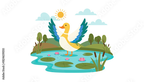 Bright blue winged yellow bird on pond.