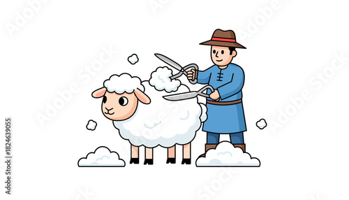 Farmer Shearing Sheep In Farm Scene.