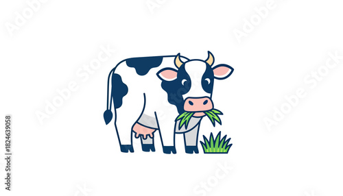 Cartoon Cow Standing and Grazing in Field.