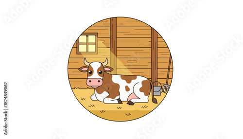 Friendly dairy cow standing in a wooden barn.