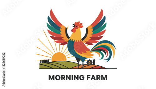 Colorful Rooster Illustration On Morning Farm.