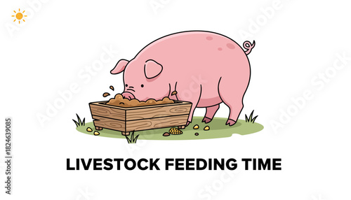 Cute Farm Pig Feeding Time Illustration.