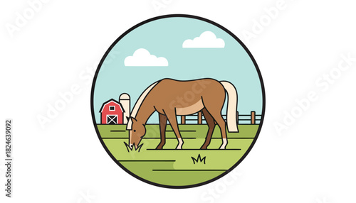 Grazing horse depicted in circular emblem.