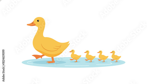 Mother Duck Leading Her Ducklings Across a Pond.