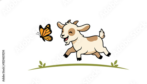 Playful cartoon goat jumping after butterfly.
