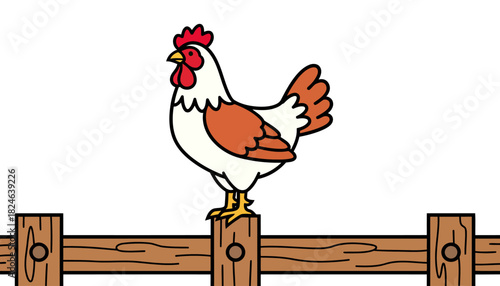 Cheerful chicken perched on wooden fence.