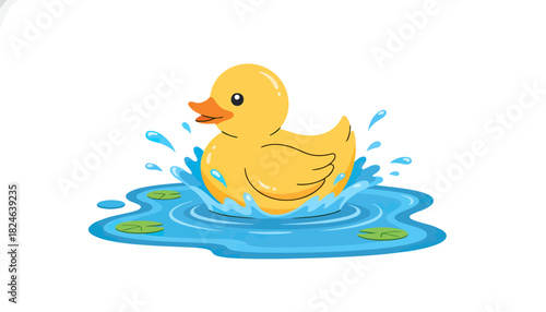 Cute yellow duckling floating on blue water.