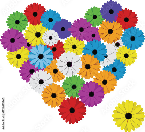 PrintVibrant, multicolored Gerbera daisy flowers arranged closely to form a heart shape, symbolizing love, happiness, joy, and a lively floral background for spring designs.