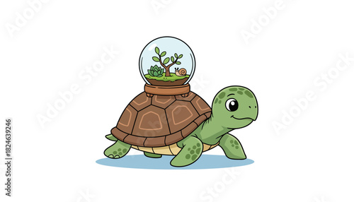 Green Turtle with Glass Dome Terrarium on its Back.