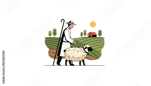 Shepherd with Sheep Walking in Pasture Landscape.