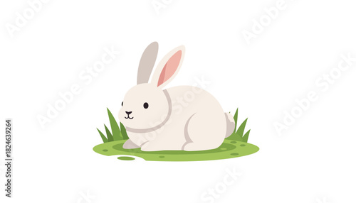 Gentle white rabbit resting on green grass illustration.