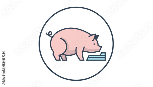 Cute Pink Pig Standing Beside Feeding Trough.