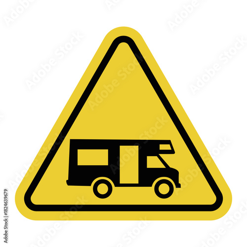 RV parking. Yellow warning triangle sign. RV stop and long-term parking area. Overnight and rest area. Camping.