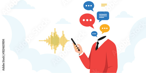 PrintVoice Messaging and Communication Concept Vector, Man Using Smartphone with Sound Wave and Chat Bubbles Head, Digital Speech Recognition and Mobile Technology Graphic, Modern Flat Design.