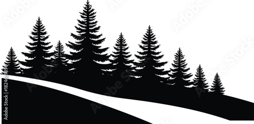 PrintWinter Pine Forest Silhouette Landscape Vector, Snowy Hill with Tree Line Border, Evergreen Woods Outdoor Scenery Graphic Illustration, Nature Background Design Element, Wilderness View.
