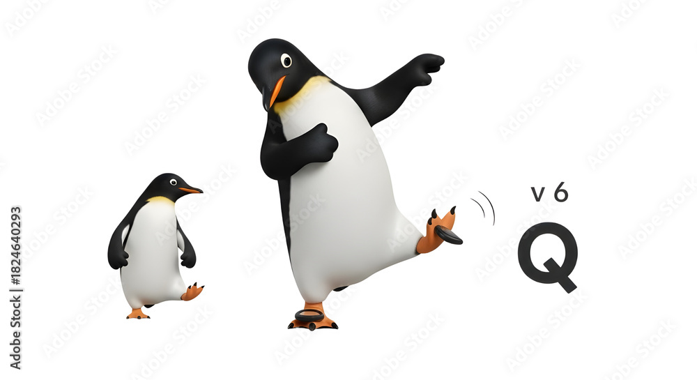 Fototapeta premium Two 3D cartoon penguins, one large and one small, walking with a playful stride isolated PNG with Transparent Background